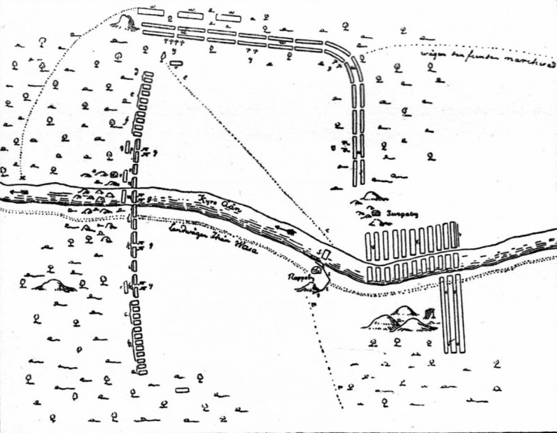 Esquisse tracée par le général Armfeldt de la bataille d'Isokyrö - La rivière Kyrönjoki traverse le plan horizontalement